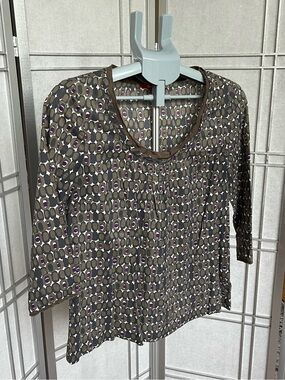 Boden Abstract Print Top Olive Geometric Blouse Ruched Detail Size 8